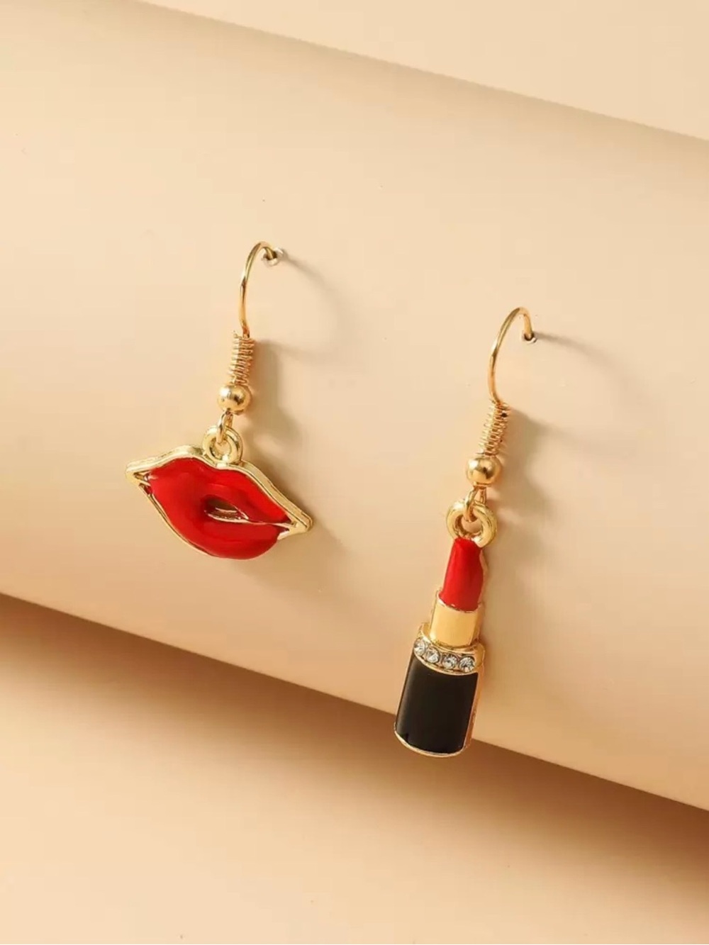 Red Lip & Lipstick Dangle Earrings - Gold Tone
